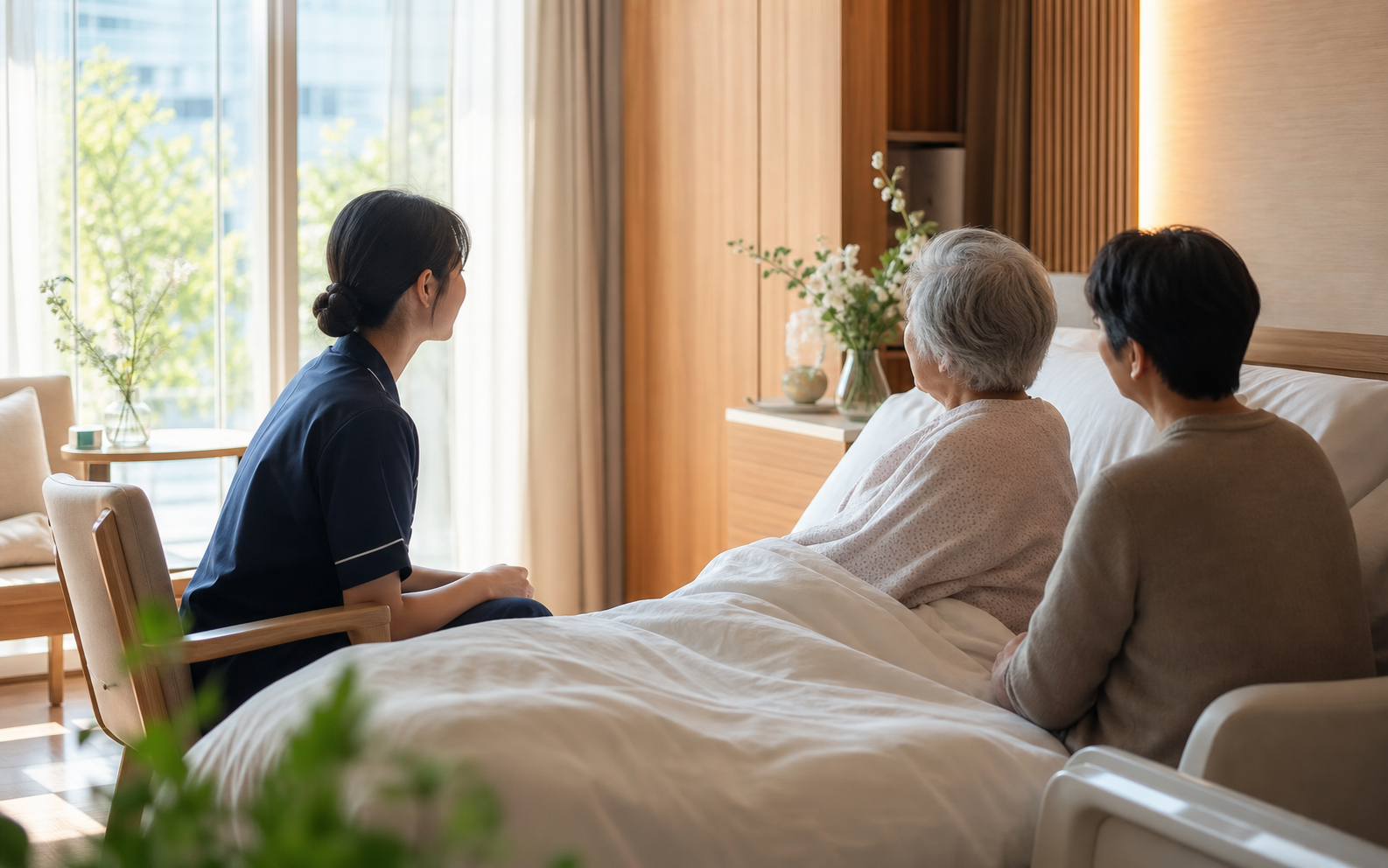温暖安静的单人病房内,护理人员与患者及家属进行陪伴沟通